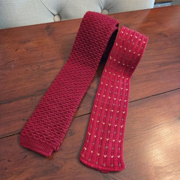 2 Vintage Red Knit Square End Ties by Pendelton and Rooster - Picture 7 of 9